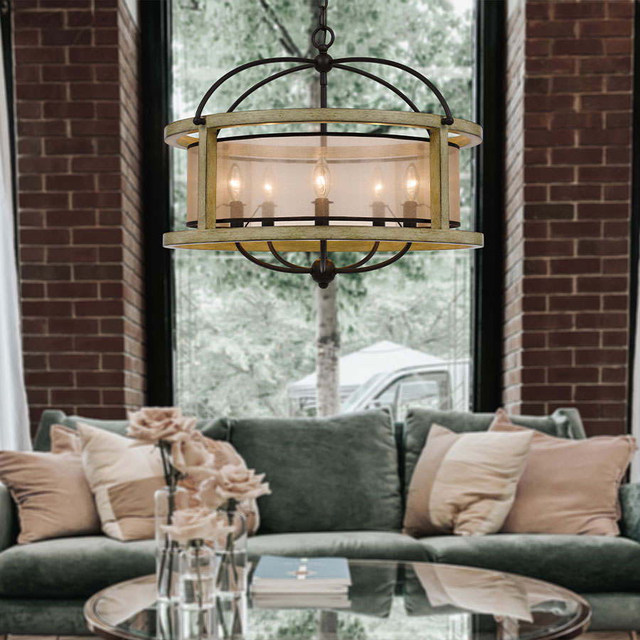 Multi-arm chandelier above a dining table