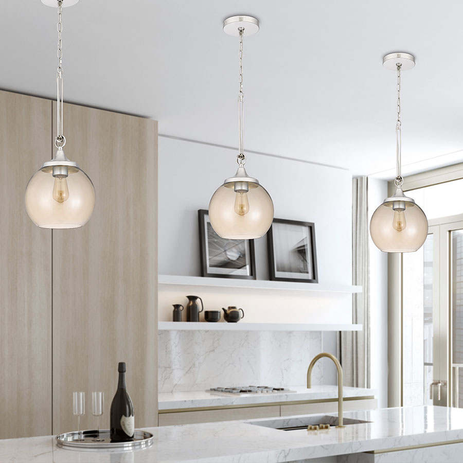 Pendant lights hanging over a dining counter